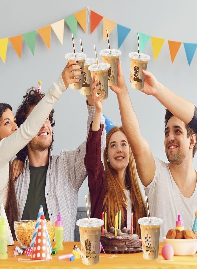 JarThenaAMCS مجموعة جارثينا إيه إم سي إس، 100 قطعة من أكواب رعاة البقر البلاستيكية مع أغطية وماصات، أكواب للاستخدام مرة واحدة، سعة 12 أونصة، كوب شرب بني اللون بتصميم أحذية رعاة البقر، مناسبة لحفلات أعياد الميلاد وحفلات استقبال المولود الجديد ذات الطابع الغربي، 4 تصاميم - Image 5